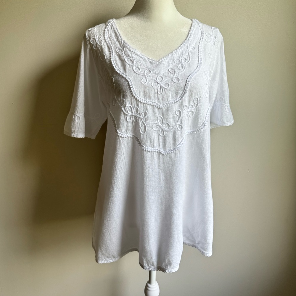 La Cotonnière Women’s White Blouse Cotton Embroidered Short Sleeve Size Medium